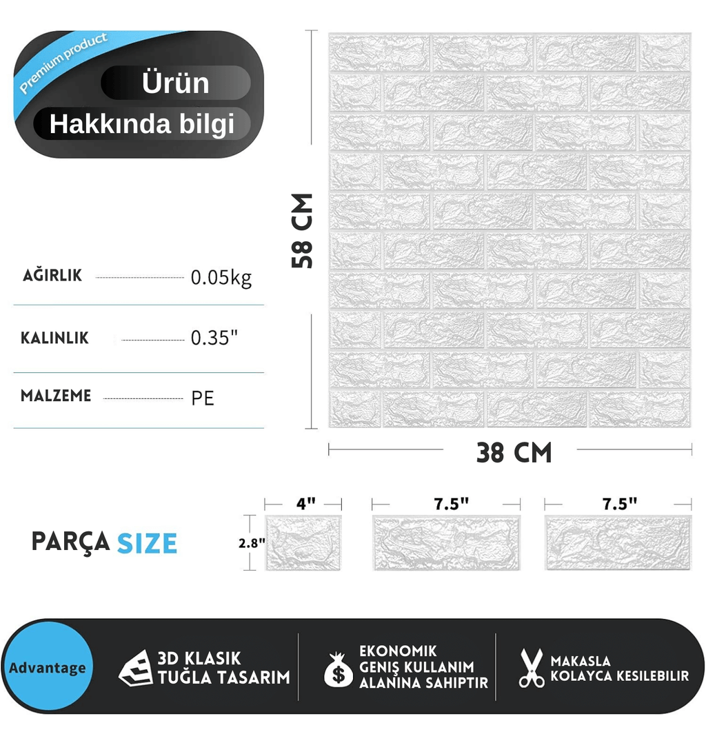 Kendinden Yapışkanlı 3D Tuğla Desenli Boyanabilir Duvar Paneli (58x38 cm)
