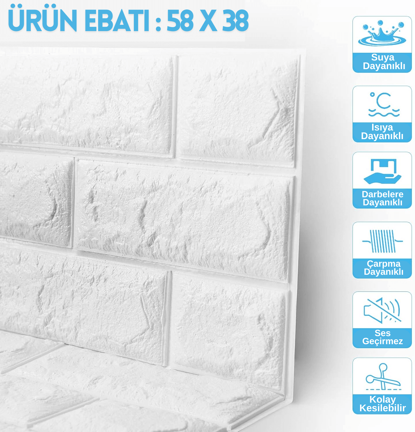 Kendinden Yapışkanlı 3D Tuğla Desenli Boyanabilir Duvar Paneli (58x38 cm)