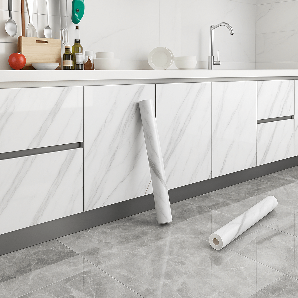 Mermer Desenli Kendinden Yapışkanlı Folyo – Su Geçirmez & Isıya Dayanıklı Kolay Uygulama (60cm Genişliği 5 Metre Uzunluğunda)